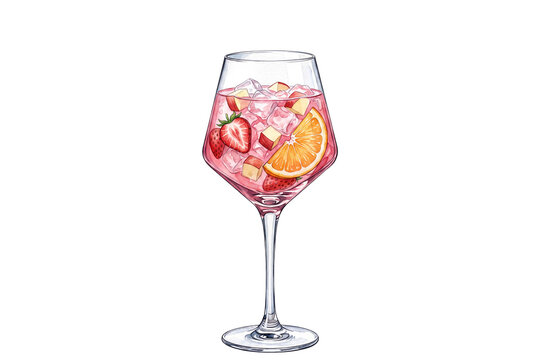 premium watercolor pink rose sangria cocktail illustration with sliced strawberries diced apples orange slice and ice cubes in a stemmed wine glass on transparent background