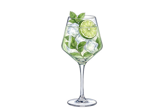 premium watercolor mojito spritz cocktail illustration with fresh mint leaves lime wheel and ice cubes in a stemmed wine glass on transparent background