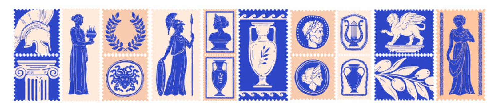 Greek ancient postal stamp set, hand drawn Rome travel sticker, vintage mythology statue silhouette. Goddess figure print, postage letter badge, retro amphora, pillar. Scrapbook Greek stamp collection