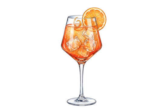 premium watercolor orange spritz cocktail illustration with orange slice peel twist and ice cubes in a stemmed wine glass on transparent background