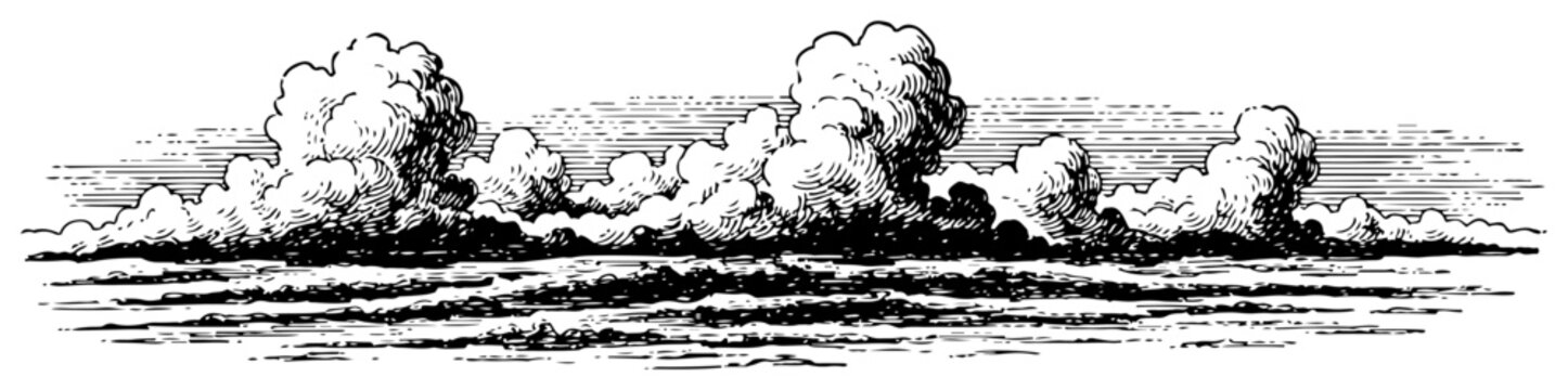 Fluffy storm clouds panorama in classic woodcut engraving style