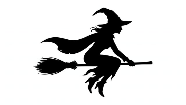 Witch flying on a broomstick silhouette. Halloween holiday icon for seasonal graphic design.
