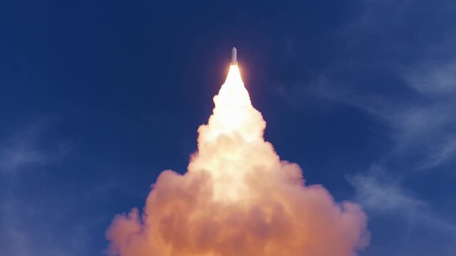 Space rocket launch into blue sky with powerful exhaust plume and smoke trail exploration