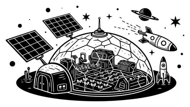 Space greenhouse dome for lunar farming with rockets and solar panels in woodcut style