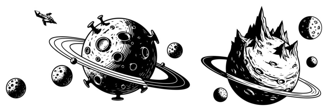 Space planets with rings and asteroids in retro woodcut style