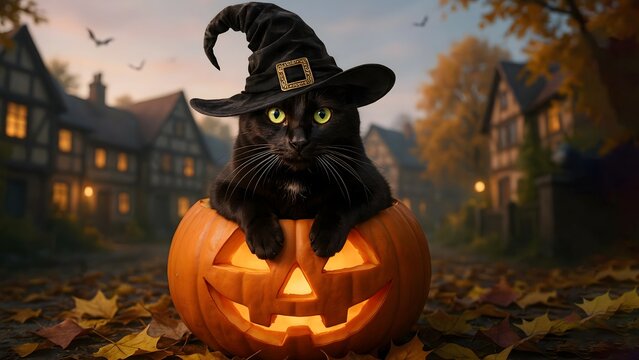 Black cat wearing witch hat in pumpkin. Cute kitten inside jack-o-lantern for Halloween.