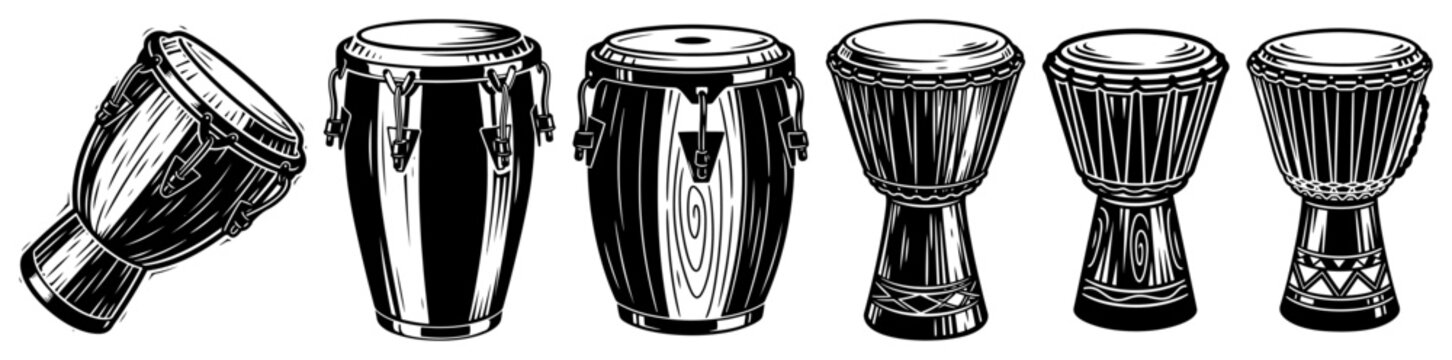 Ethnic hand drums set including djembe and conga in detailed woodcut style