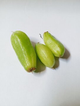 Three Fresh Green Bilimbi Fruits Isolated On White Background