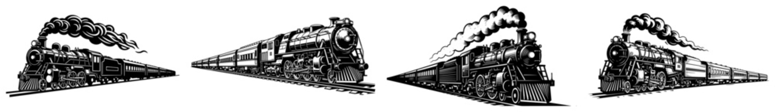 Vintage steam locomotives and historic trains puffing smoke in retro engraving style