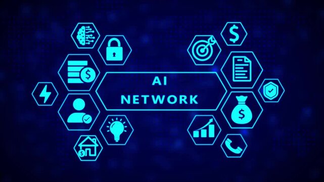Artificial intelligence network concept with interconnected hexagonal representing technology finance and security on a dark blue abstract background with glowing dots