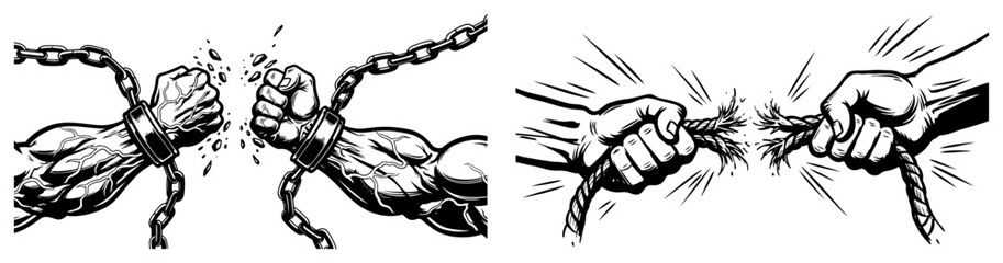 Muscular hands breaking chains and tearing rope in high contrast action style © Aisha Kudorova