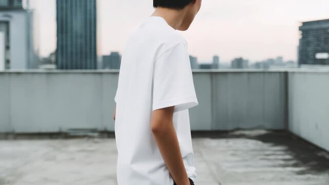Young man wearing plain white t-shirt on urban rooftop for fashion mockup, showing front and back views in a professional outdoor city setting
