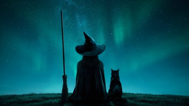 Witch with cat under northern lights. Halloween fantasy scene with broomstick and starry sky.