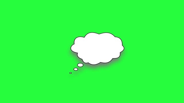 White cartoon thought bubble with black outline and shadow isolated on vibrant green screen background