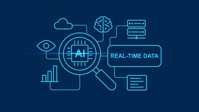 Ai real-time data analysis concept: digital magnifying glass with neural network and machine learning infographic