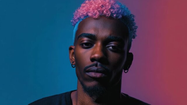Portrait of young Black man with dyed curly hair posing in studio lighting, cinematic neon blue and red color palette, artistic fashion concept