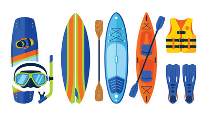 Flat set of water sports equipment, including surfboard, kayak, paddleboard, snorkel mask, life vest, and swim fins © Siddhartha