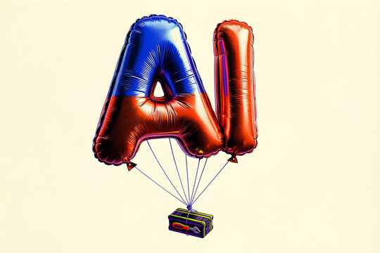One enormous inflated AI-like abstract balloon tethered to a tiny