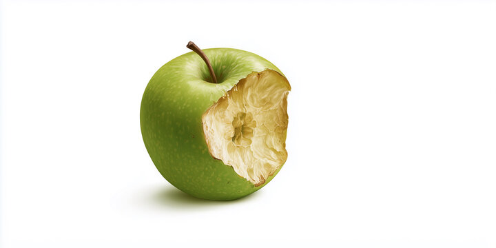 A half-eaten green apple on a white background.