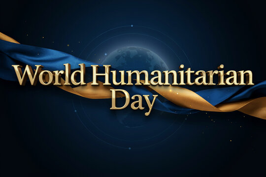 Elegant 3d render banner for world humanitarian day showing bold golden typography text over abstract blue silk ribbon waves and planet earth sphere silhouette isolated on dark gradient background.
