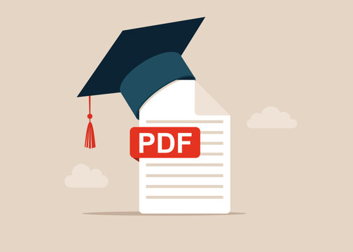 PDF icon file in Academic mortarboard hat. Downloading ebook concept. Open to education. Vector flat illustration 