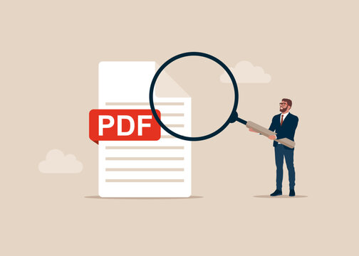 Businessman with magnifying glass investigate PDF icon file. Downloading document concept. Modern vector illustration in flat style