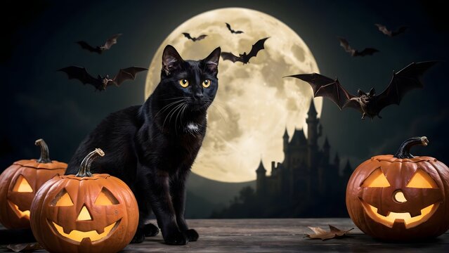 Black cat with glowing pumpkins at night. Halloween scene with full moon and flying bats.