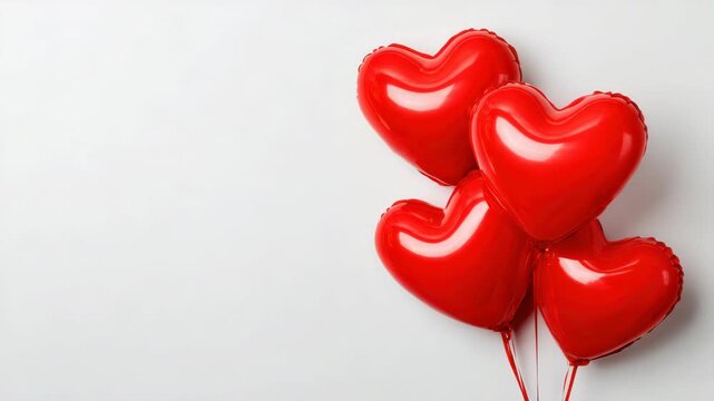 Red heart balloons floating on white background for Valentines Day celebration, romantic love concept, bright festive party decor, studio shot