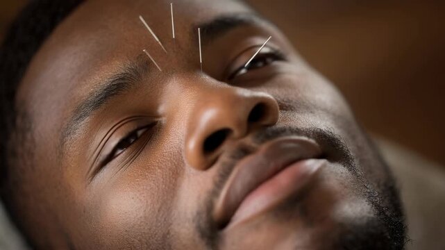 Acupuncture treatment for a young black man with needles in his forehead to relieve stress and tension in a professional wellness clinic setting