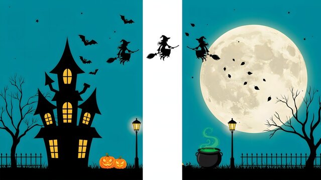 Halloween haunted house and full moon background. Spooky witch flying with bats at night.