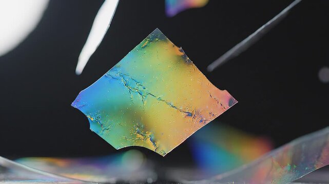 Macro photography captures the intricate, iridescent patterns and crystalline structure of a fractured glass surface, creating a mesmerizing display of rainbow light refraction