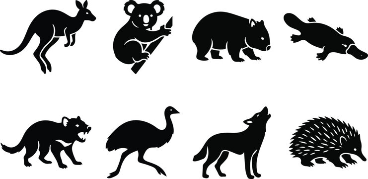 Set of black silhouettes featuring various iconic australian native animals isolated on a clean white background design element
