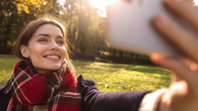 Young woman taking a selfie with a smartphone in a sunlit autumn park, wearing a red plaid scarf and smiling during a beautiful golden hour walk