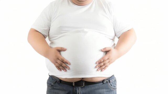 Overweight man touching his large belly isolated on white background, concept of obesity, unhealthy lifestyle, and weight loss health challenge