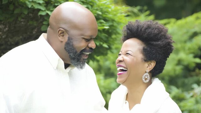 Happy African American couple laughing together outdoors in a park, mature man and woman enjoying a joyful romantic moment in nature, love concept