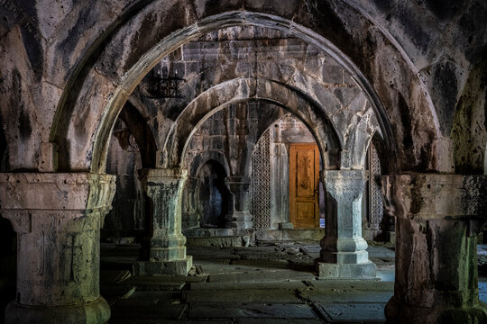Medieval Vaulted Stone Hall with Symmetrical Arches inside Sanahin Monastery