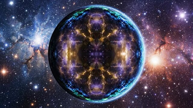 Rotating celestial sphere with glowing shifting fractal patterns in deep space.