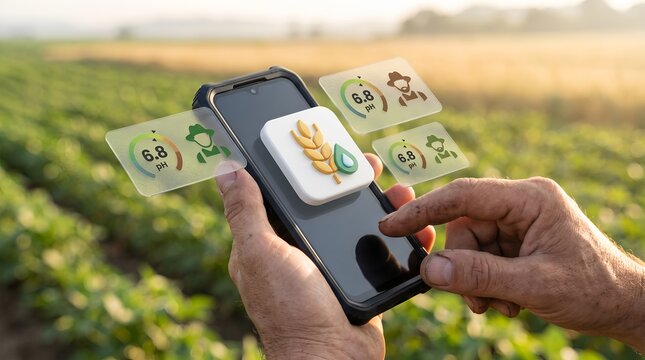 Farmer monitoring soil ph levels using a smartphone in a crop field