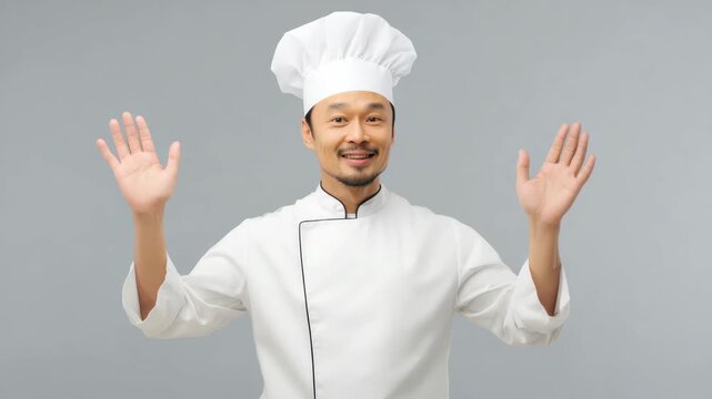 Asian male professional chef wearing white uniform and hat waving hands to greet customers in studio shot isolated on solid grey background video