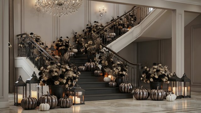 Elegant Halloween staircase decor. Luxury home interior with pumpkins and candles.