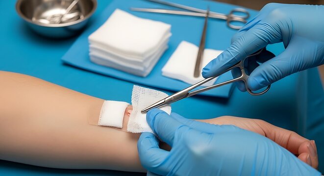 Medical Professional Cleaning Wound on Patient Arm