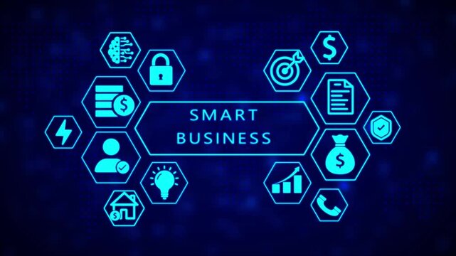 Smart business concept visualized with bright blue hexagonal arranged in a pattern around the central text SMARTBUSINES on a dark blue digital background