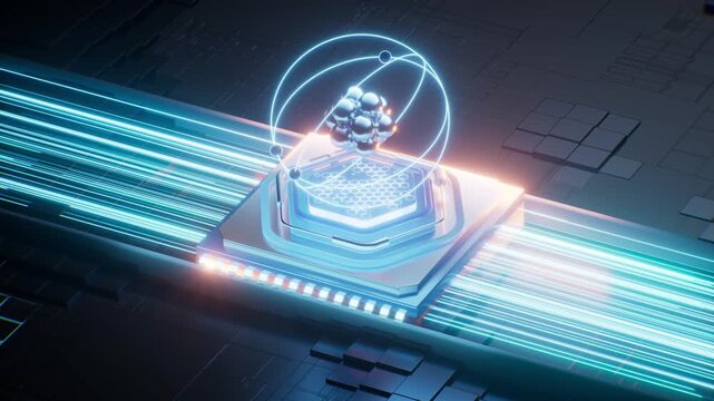 Quantum Atom with Digital Circuit Board Technology Animation 4K