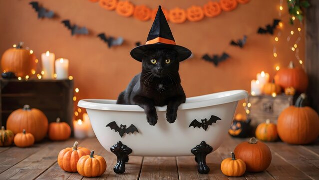 Black cat wearing witch hat in bathtub. Halloween pet portrait with pumpkins and candles.