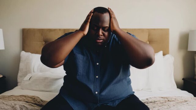 Stressed African American man sitting on bed holding head in hands feeling overwhelmed, anxious, and exhausted in a modern bedroom setting at home
