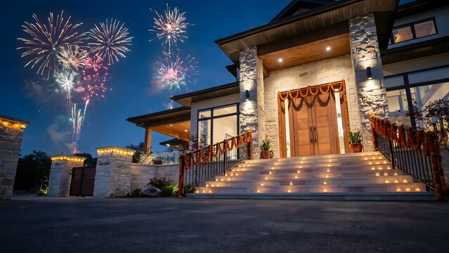 Halloween party house with fireworks. Festive mansion exterior decorated for autumn holiday.