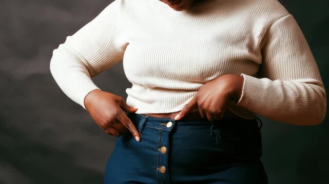 Plus size woman pointing at her waistline wearing blue denim jeans and white top, focus on body positivity and healthy lifestyle concept video