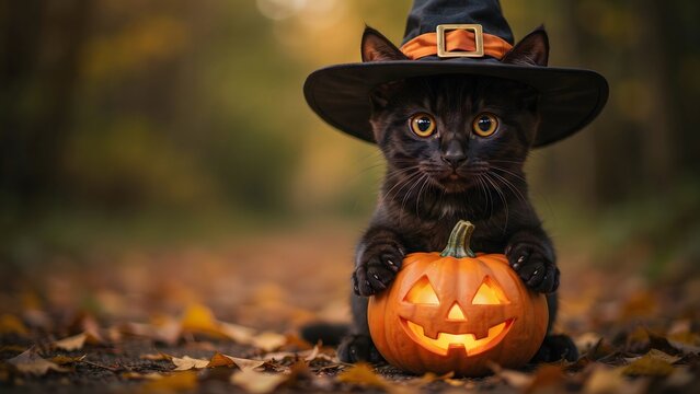 Black cat wearing witch hat with pumpkin. Cute kitten celebrating Halloween in autumn forest.