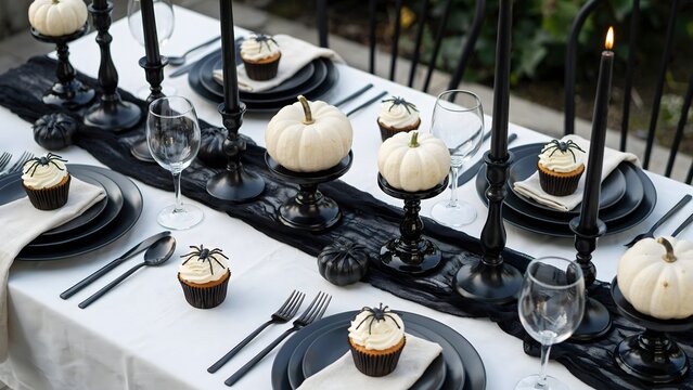 Elegant Halloween dinner table setting. Spooky gothic party decor with pumpkins and candles.