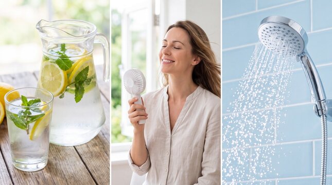 Concept of healthy lifestyle featuring refreshing lemon water with mint, a woman using a handheld fan, and a water shower head for hydration and wellness